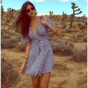 Anthropologie Family Affairs Blue and White Stripe Wrap Mini Dress S